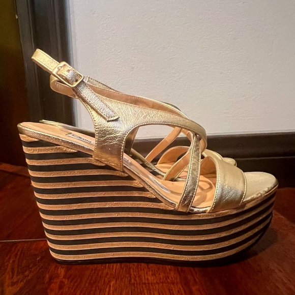 GIAMPAOLO VIOZZI CRISSCROSS WEDGE PLATFORMS, SIZE EUR 39/US 8, GOLD/BLACK/BEIGE - Picture 2 of 8